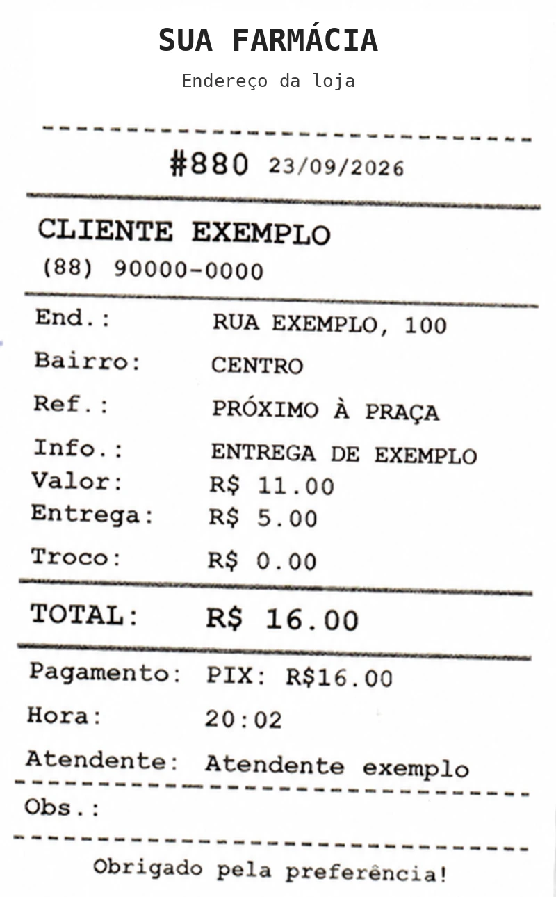 Comanda impressa com os dados de uma entrega de demonstração