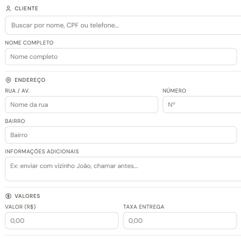 Campos do cadastro do pedido: cliente, endereço e valores