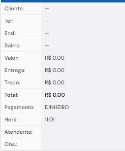 Prévia da comanda com cliente, endereço, valores, pagamento e hora