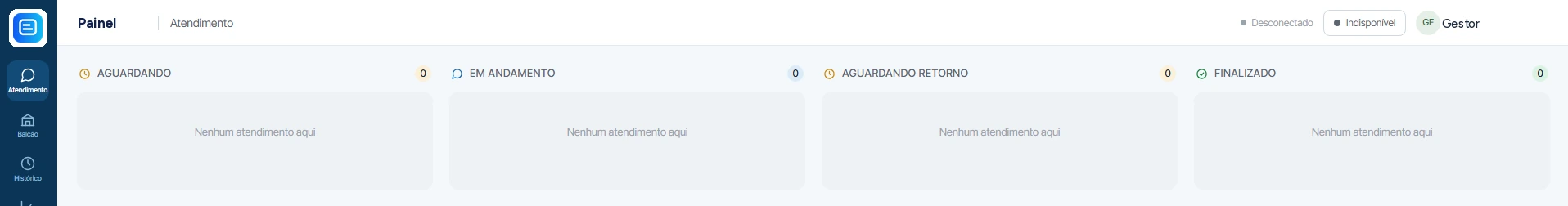 Painel de atendimento com as etapas Aguardando, Em andamento, Aguardando retorno e Finalizado