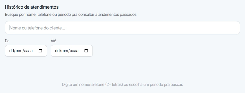 Histórico de atendimentos com busca por nome, telefone ou período