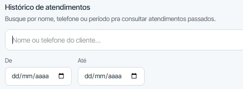 Busca do histórico por nome, telefone ou período