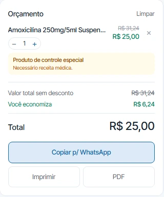 Orçamento com quantidade, total e os botões Copiar para WhatsApp, Imprimir e PDF