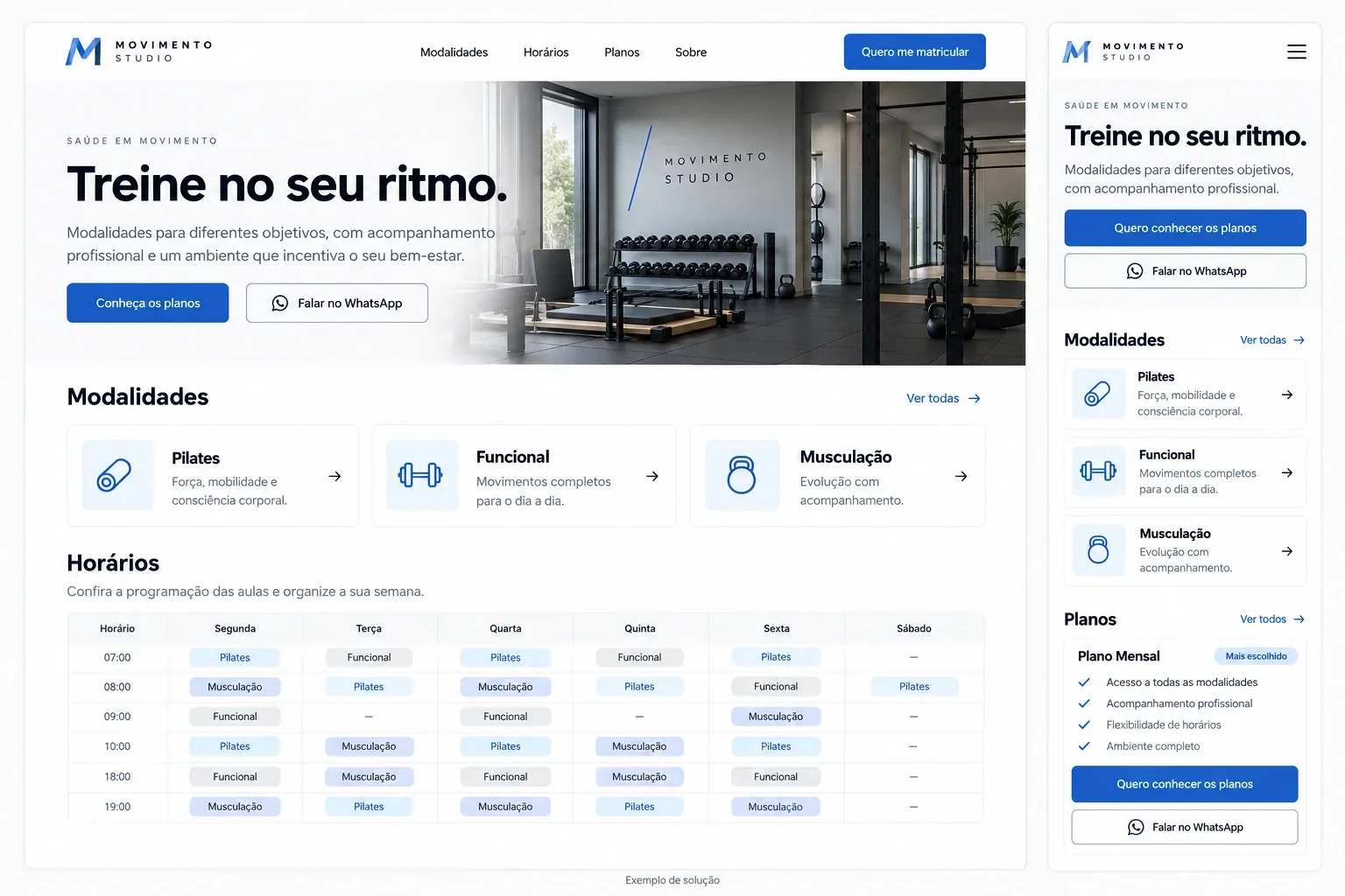 Exemplo ilustrativo de site para academias e estúdios, em computador e celular