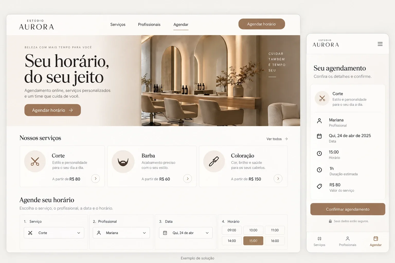 Exemplo ilustrativo de site para barbearias e salões, em computador e celular