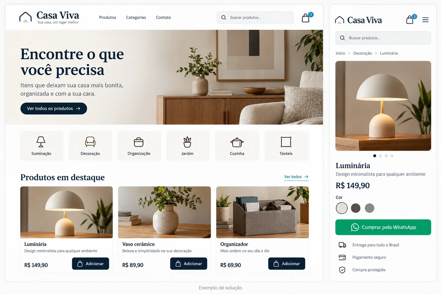 Exemplo ilustrativo de site para lojas e varejo, em computador e celular