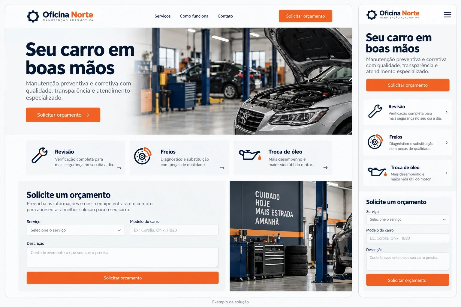 Exemplo ilustrativo de site para oficinas e serviços, em computador e celular
