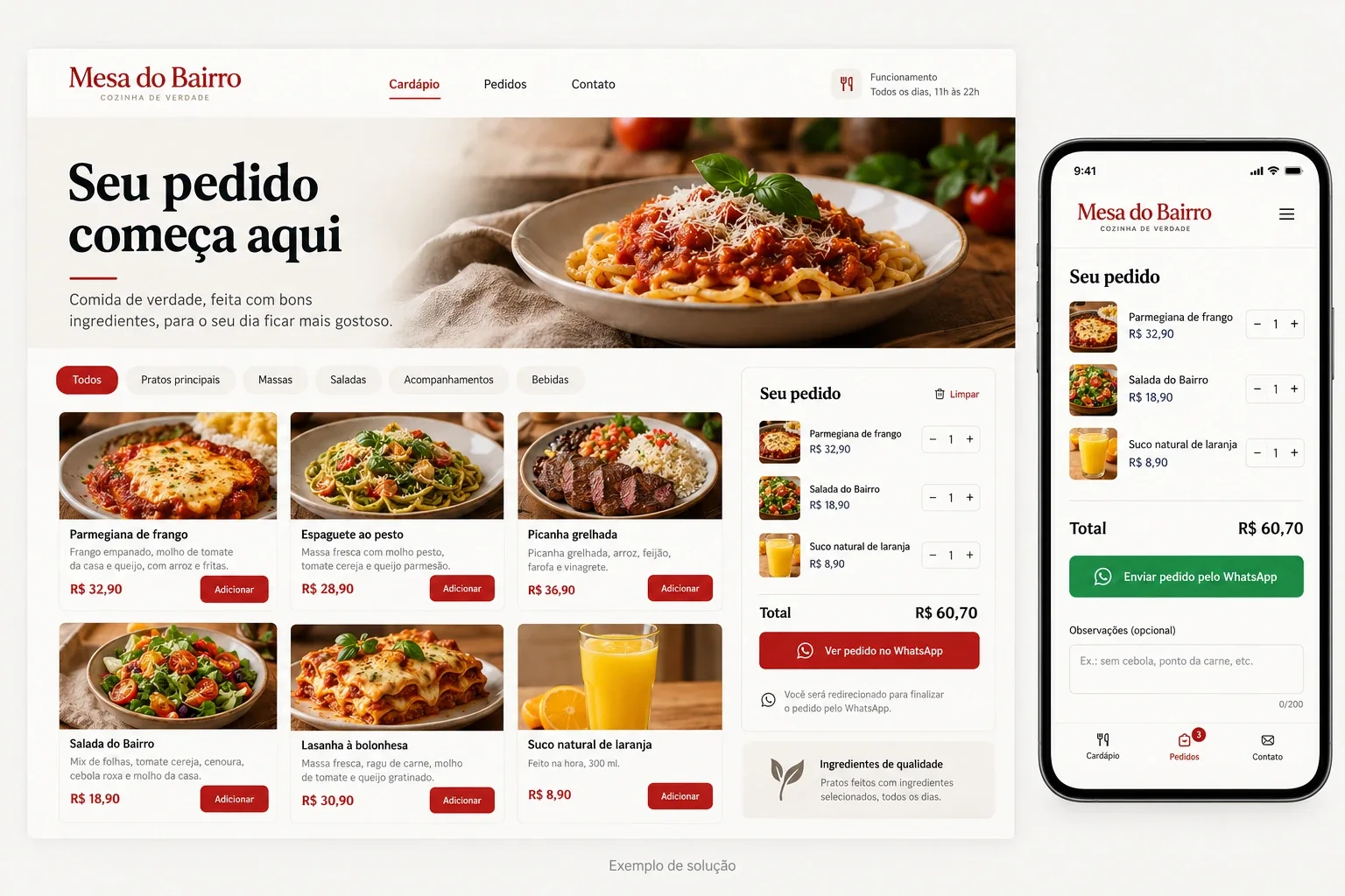 Exemplo ilustrativo de site para restaurantes e delivery, em computador e celular