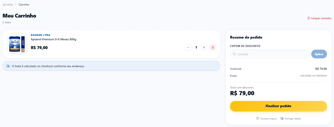 Carrinho com um produto, quantidade, cupom de desconto, subtotal e botão Finalizar pedido