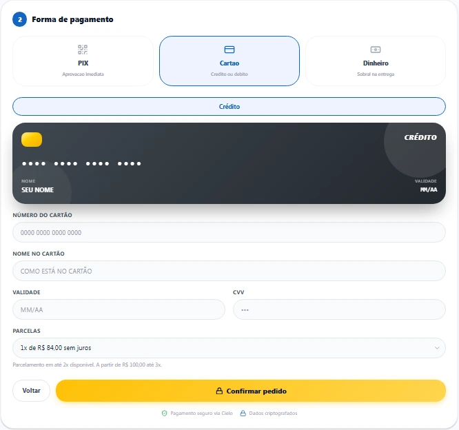 Pagamento com cartão de crédito, com dados do cartão e parcelas