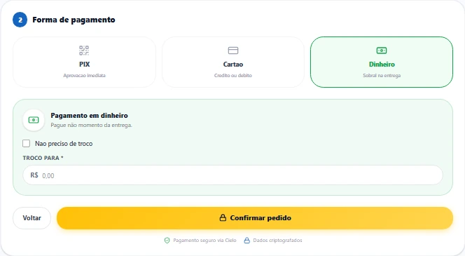 Pagamento em dinheiro na entrega, com campo de troco