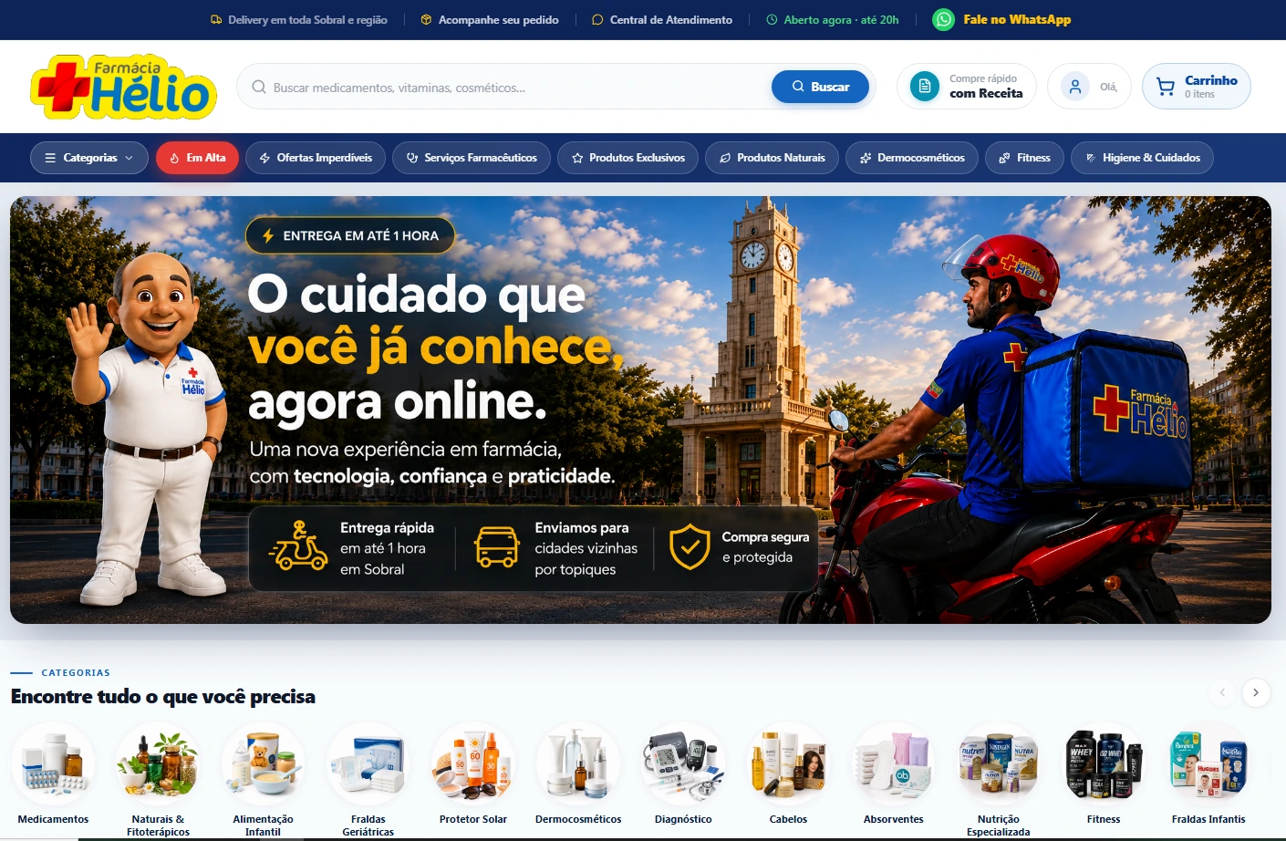 Página inicial da loja virtual da Farmácia Hélio, com busca, menu de categorias, banner principal e categorias em destaque