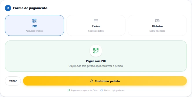 Pagamento com Pix: o QR Code é gerado após confirmar o pedido