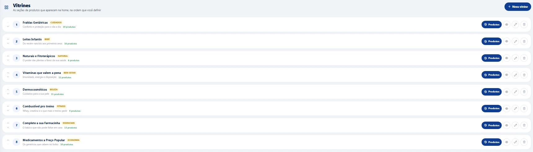 Lista de vitrines da página inicial, em ordem, com a quantidade de produtos de cada uma